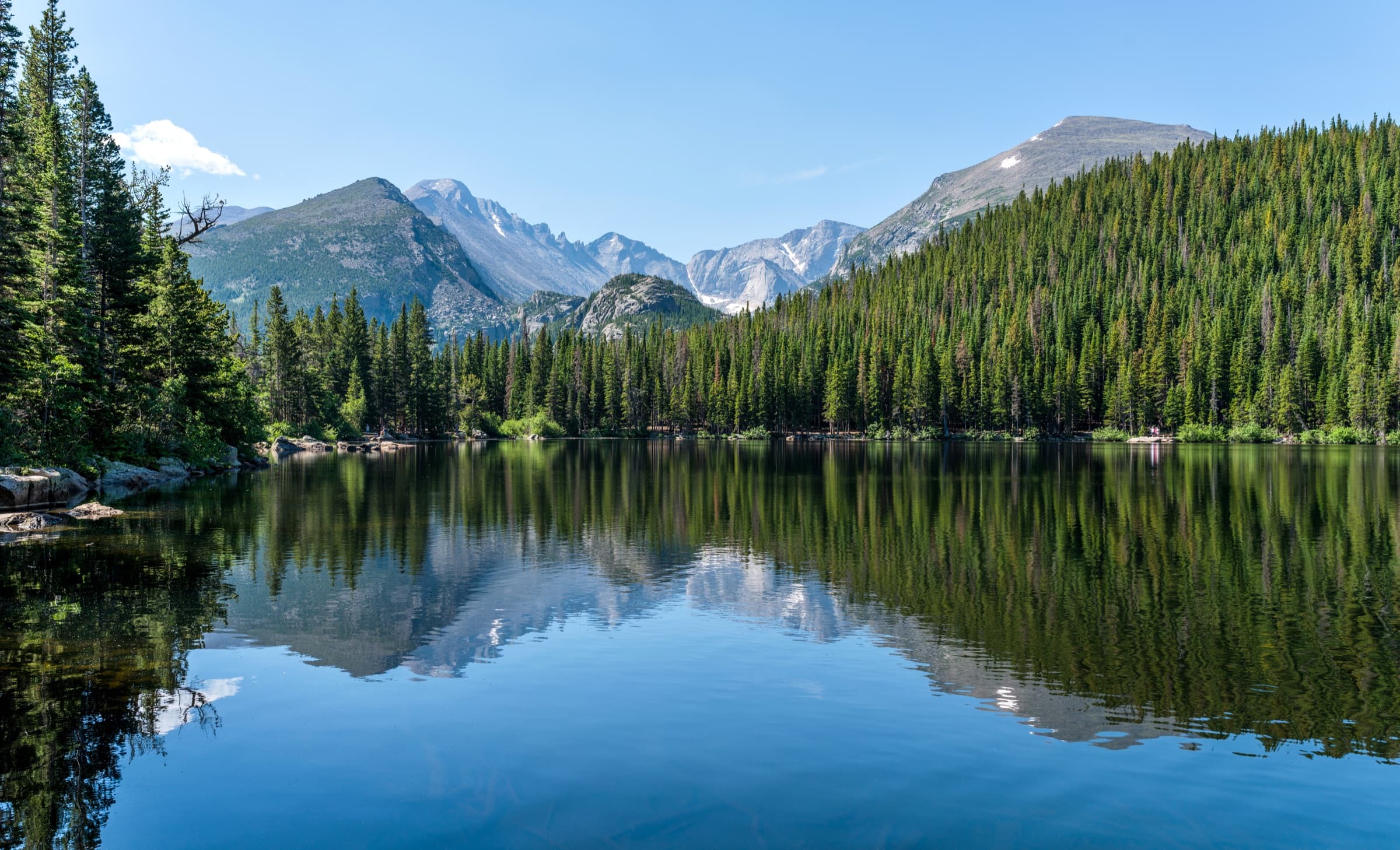 A Colorado mountain lake reflecting the peaks and forest above it